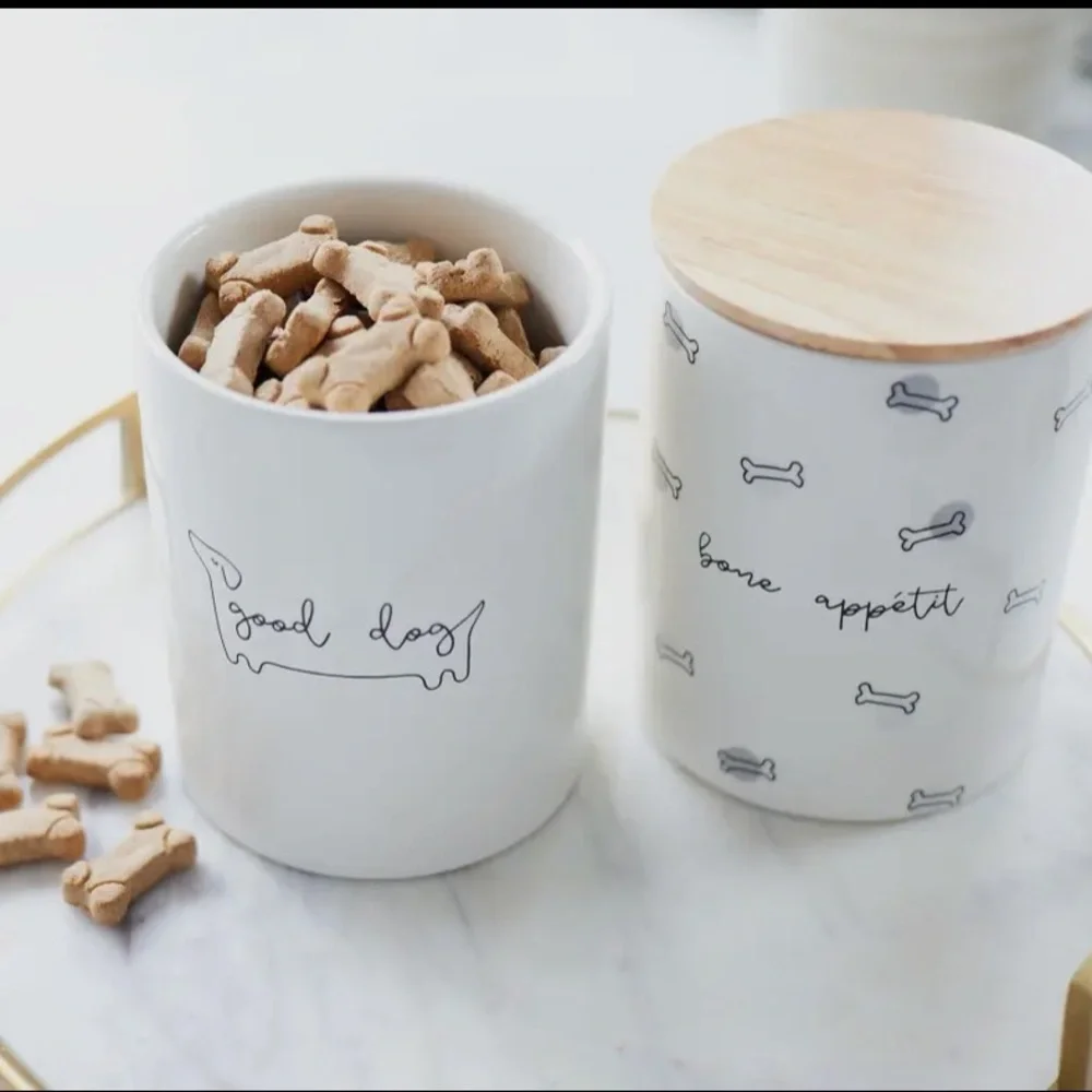 White Ceramic Dog Treat Jar with Wooden Lid